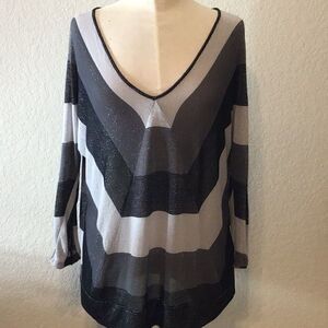 Cable & Gauge Top V Neck Sparkly Metallic Knit Stripe Tunic Black Gray Size L